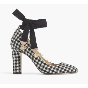 J. Crew Houndstooth Pumps Size 9 Made In Italy Ankle Wrap Bow Ribbon Heels Shoes